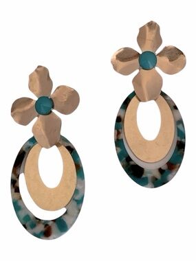 Gold and Blue Floral Drop Earrings Boho Chic Statement Fun